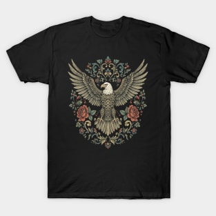 Vintage Bald Eagle With Roses and Baroque Floral Design Bird Illustration T-Shirt